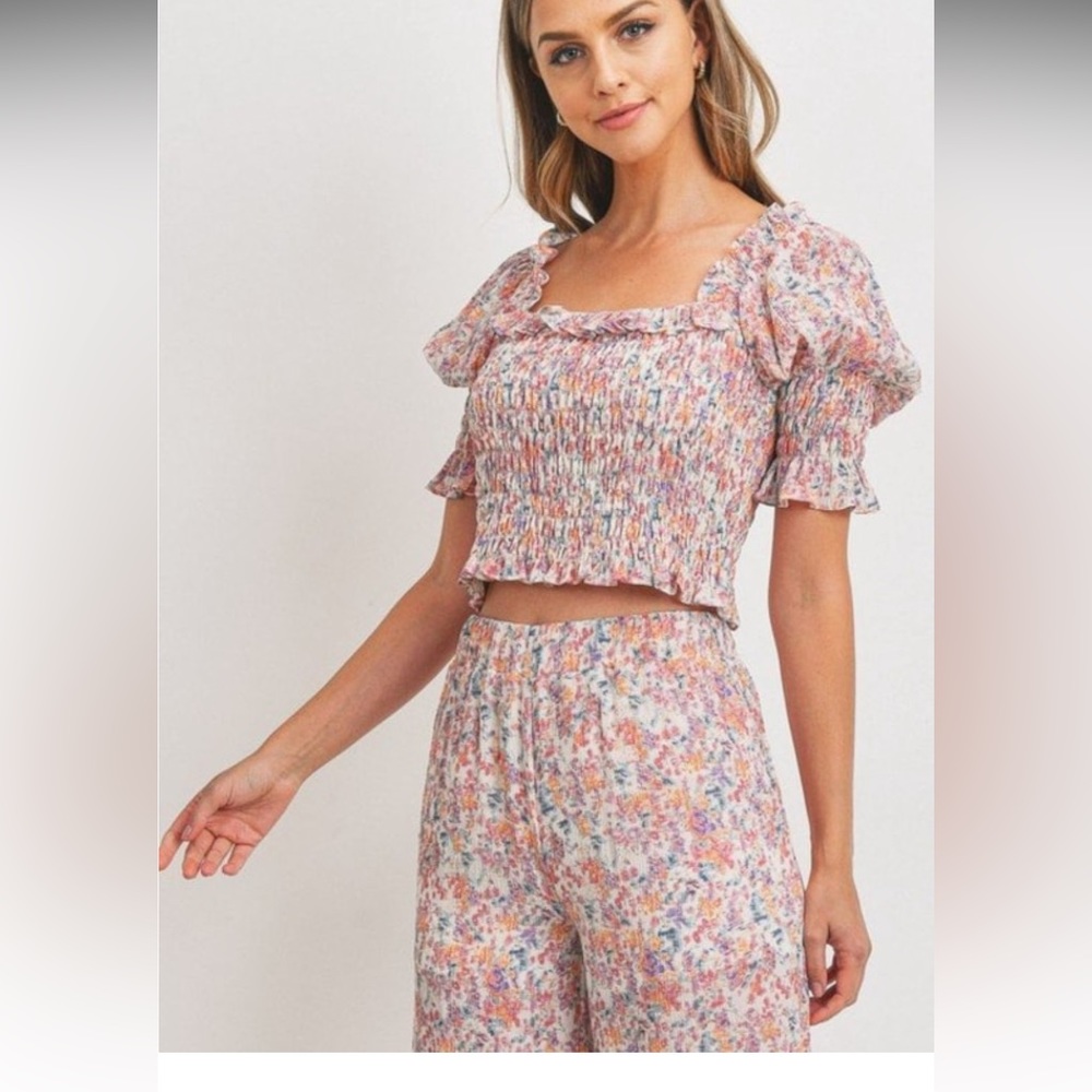 Ditsy Floral Ruffle Smocked Crop Top Matching Set